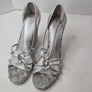Coach Women High Heel Wedges Shoes Metallic Silver Tan Cork Joslin Size 10M
